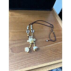 Rare Vintage Carved Yellow Jade Flowers Pendant Brown Silk Cord Necklace